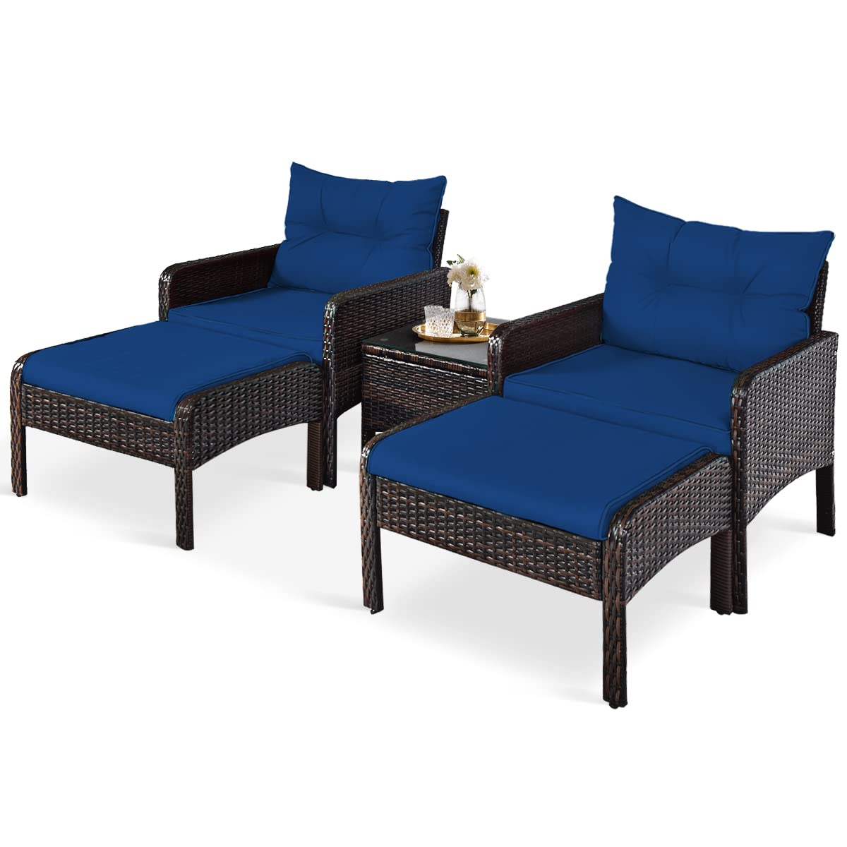 HAPPYGRILL 5 Pieces Patio Furniture Set Outdoor Rattan Wicker Conversation Set with Coffee Table Cushioned Sofas and Ottoman Chat Set for Garden