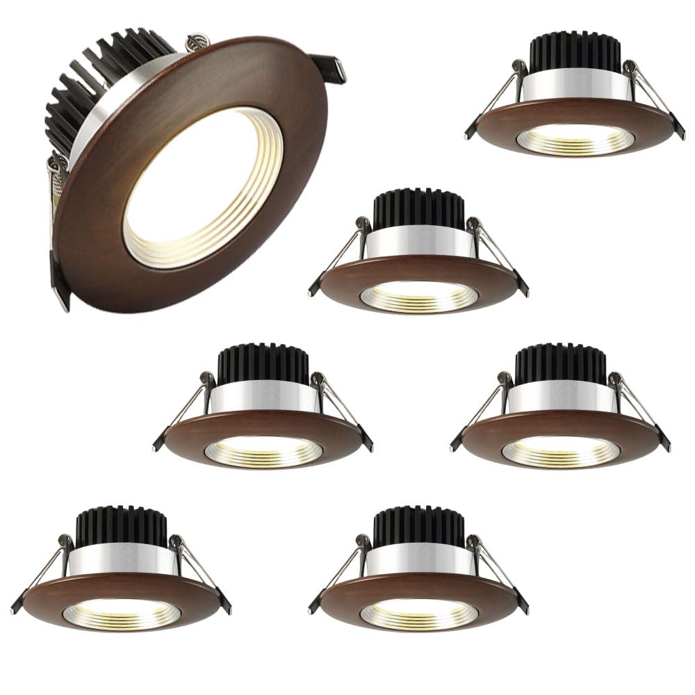 Lot De 7 Luminaires Encastrés LED De 3,9 Pouces. Éclairage Encastré LED Ultra Fin 3000 K Blanc Chaud, Lumières LED 5 W, Spot LED COB en Grain De Bois De Noyer, Garniture De Déflecteur.