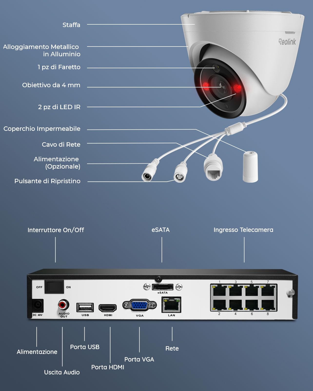 Reolink 12MP Kit Videosorveglianza PoE, NVR 8CH 4TB e 4X Telecamera Esterno Interno con Faretto, Rilevamento di Persona/Veicolo/Pet, Audio Bidirezionale, Sistema Espandibile a 16TB, RLK8-1200D4-A