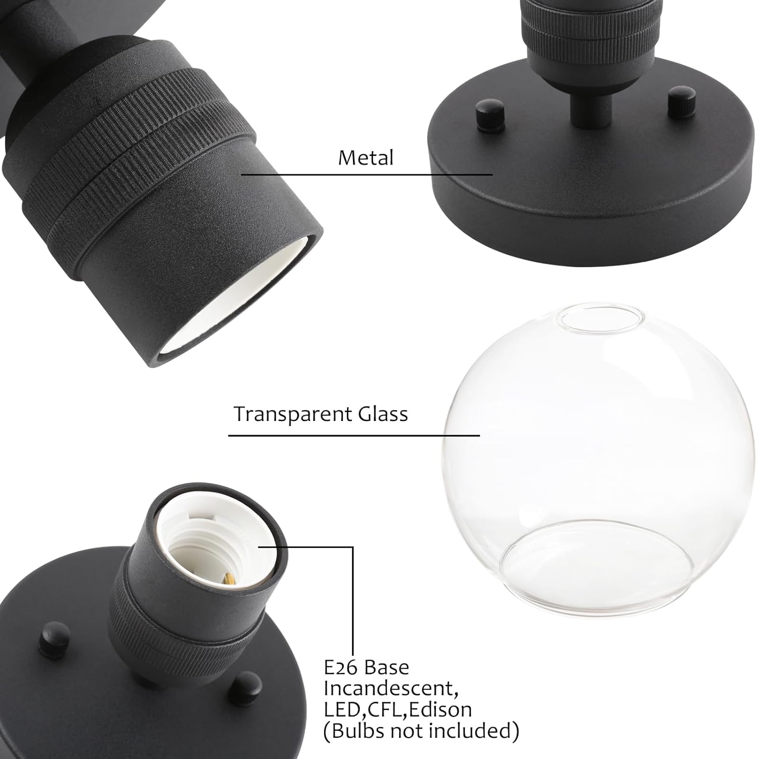 Pathson Globe Glass Ceiling Light Fixture, 1-Light Round Industrial Flush Mounted Ceiling Lighting for Hallway Kitchen Sink Living Room Bathroom Bedroom