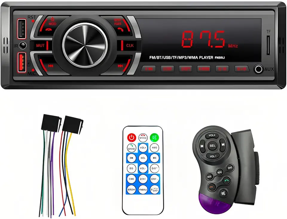 FINYQBET Central Multimídia Automotivo, Bluetooth 4.0, USB Duplo, Rádio FM Estéreo com 18 Memórias, Cartão TF e AUX, Controle no Volante, Compatível com Android e iOS, Tela LED, Som Automotivo