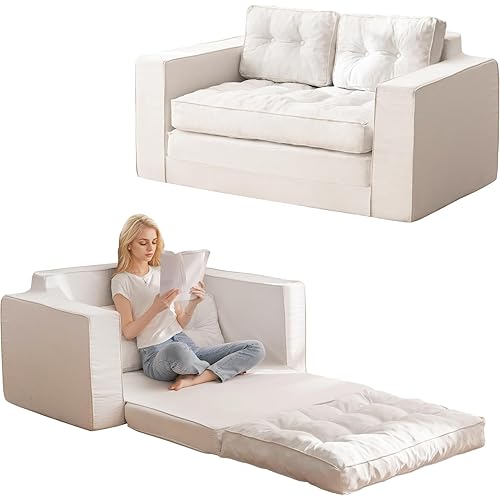 YOSHOOT Loveseat Sleeper Sofa,55" Convertible Sofa Bed Couch Futon Couches for Living Room,3-in-1 Pull Out Floor Couch with Backrest and Pillows, Beige