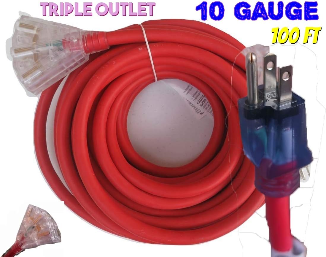 80% оƒƒ Dіѕсоunt 10 Gauge Triple Tap Extension Cord with Lighted Ends Contractor Grade 100' 10 Gauge Power Extension Cord 10/3 Plug Heavy Duty Indoor Outdoor Triple Outlet (100 ft 10 AWG 100% Copper, red) 🔥 10 Gauge Triple Tap Extension Cord with Lighted Ends Contractor Grade 100' 10 Gauge Power Extension Cord 10/3 Plug Heavy Duty Indoor Outdoor Triple Outlet (100 ft 10 AWG 100% Copper, red)