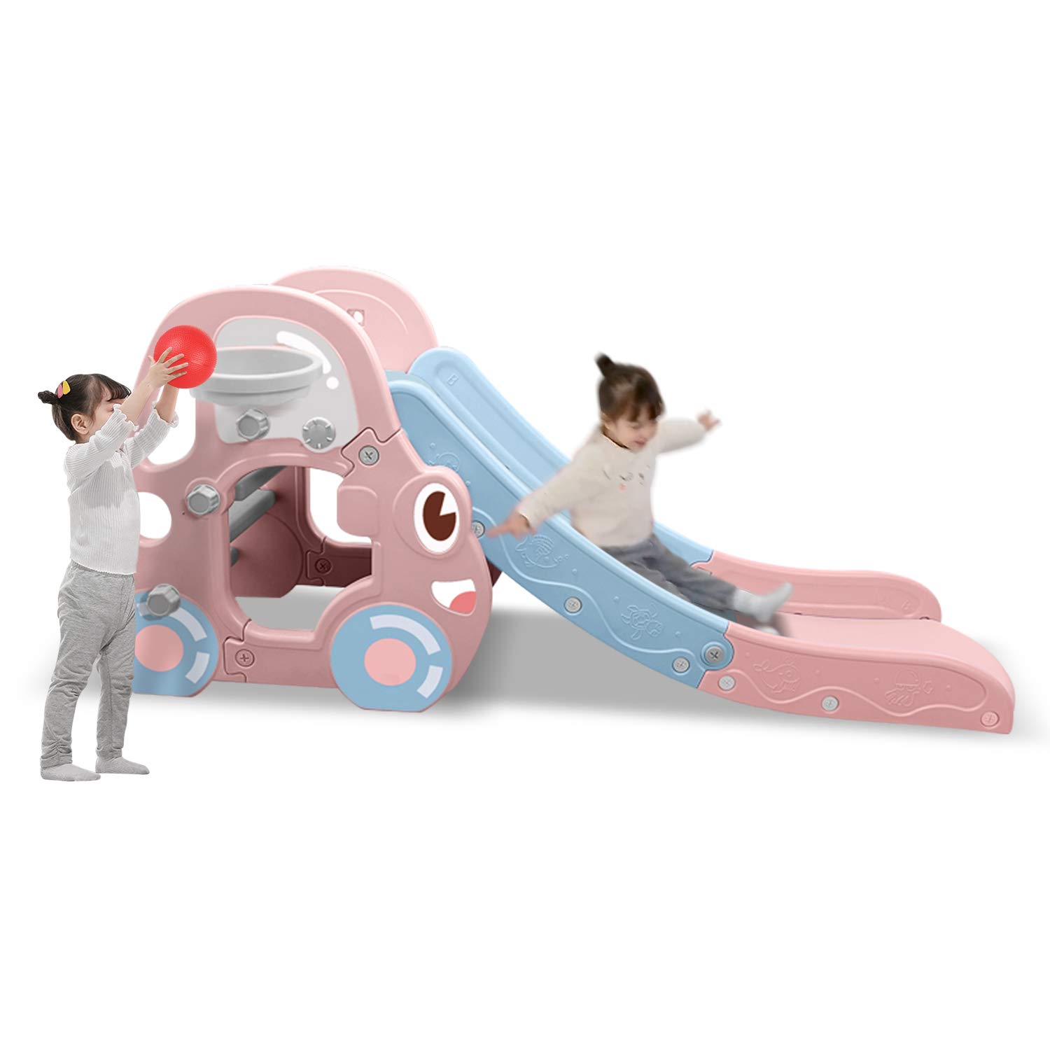 YEEGO Folding Climber Slide Basketball Hoop Multifunction Combined Kids Climber Freestanding Slide Playset Easy Setup Indoor Outdoor Backyard Playground for Babies and Children(Pink)