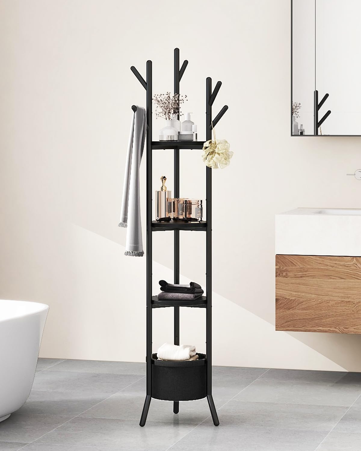 YMYNY Appendiabiti, Appendiabiti con Ripiani Portaoggetti, Attaccapanni da Terra con 1 cestino in Tessuto, Stile Industriale, Portabiti per Vestiti, Cappelli, Sciarpe e Borse Nero HGR005B