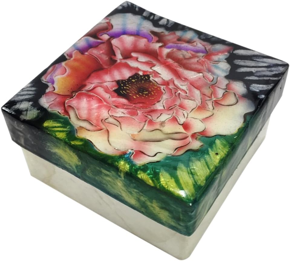 Kuble Craft Pink Peony Flower Blossom Capiz Shell Keepsake Box, 3 Inches Square
