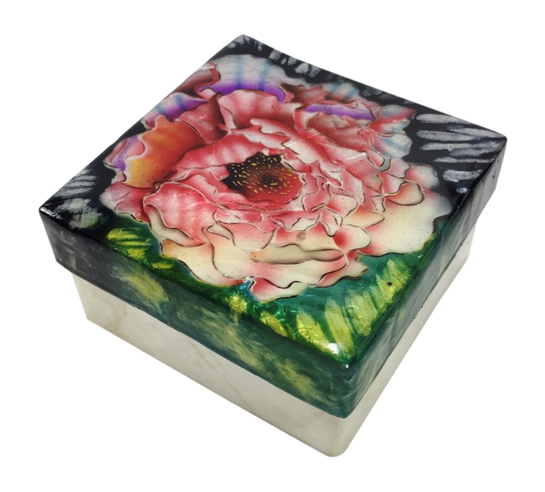 Kuble Craft Pink Peony Flower Blossom Capiz Shell Keepsake Box, 3 Inches Square