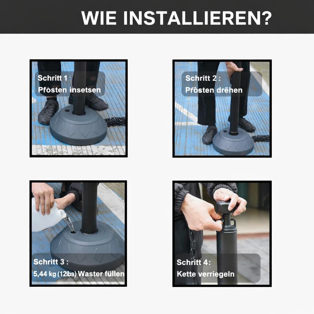 6-teiliges Set 102 cm Absperrpfosten, Verkehrsleitpfosten mit Kunststoffketten und wasserbefüllbarem Sockel für Parkplätze, Warteschlangen- und Menschenmengensteuerung (Schwarz)