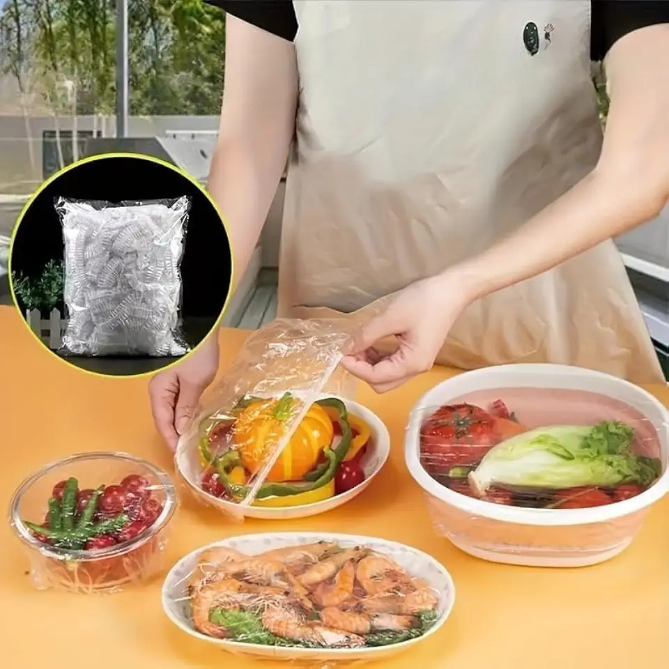 100 peças de capas de plástico descartáveis grandes - Design transparente de polipropileno seguro para alimentos - para lanches, frutas, legumes, pão - armazenamento durável e versátil