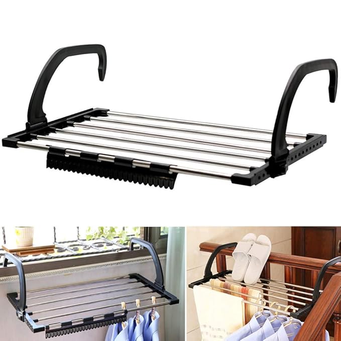 PERDANT Foldable Cloth Drying Rack Towels Clothes Laundry Hangers 6 Rail Bar Holder Stainless Steel Adjustable Cloth Dryer Stand Shoe,Socks Hanging Rack Blacony Window Airer Stand with Clips (Black)