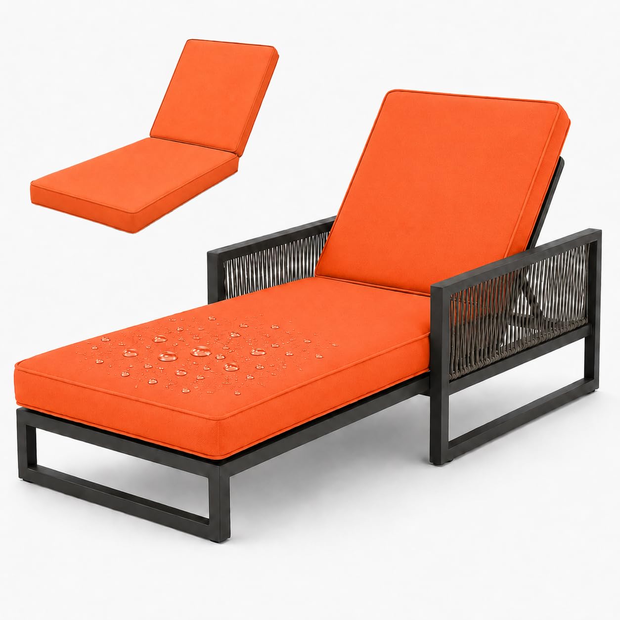 AZMAHT Sunlounger Cushions Only, Waterproof Thick Padded Sun Lounger Cushion for Garden Rattan Chairs, 50D Foam Recliner Replacement Pad with 6 Ties & Piping,Orange,178x59x8cm