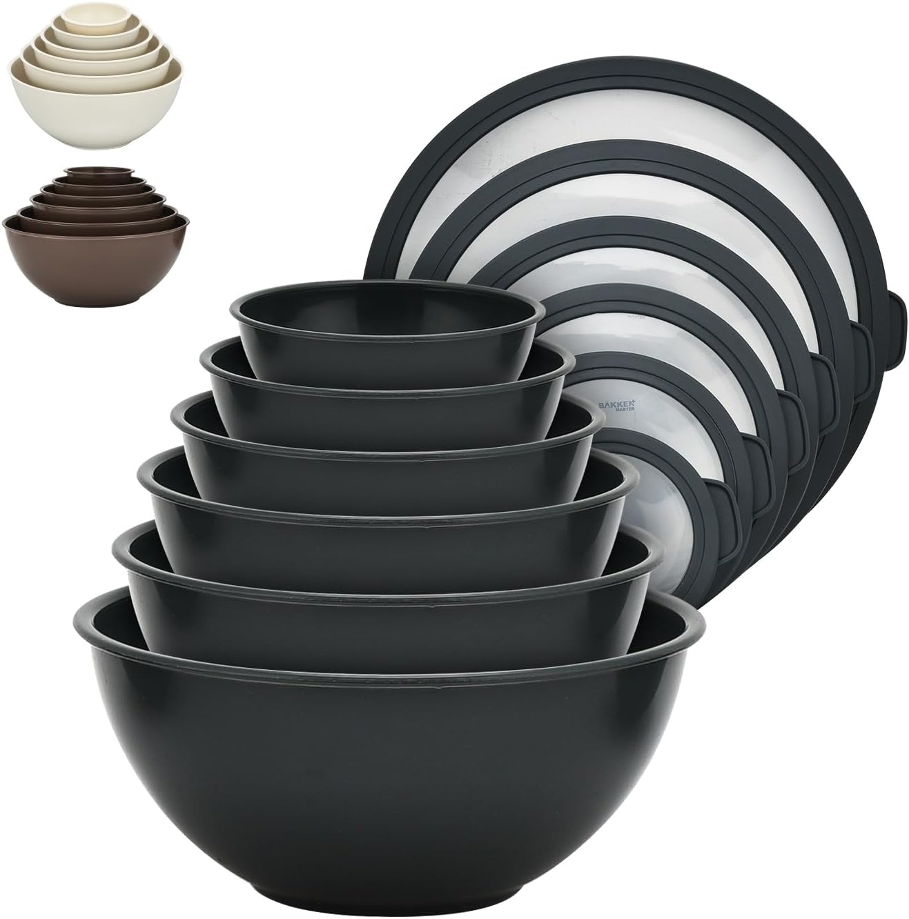 BAKKENMASTER 12 Piece Plastic Nesting Bowls with Lids - Mixing Bowls Set includes 6 Prep Bowls and 6 Lids, BPA-Free, Reusable Meal Prep Containers, Microwave, Freezer & Dishwasher Safe, Gray