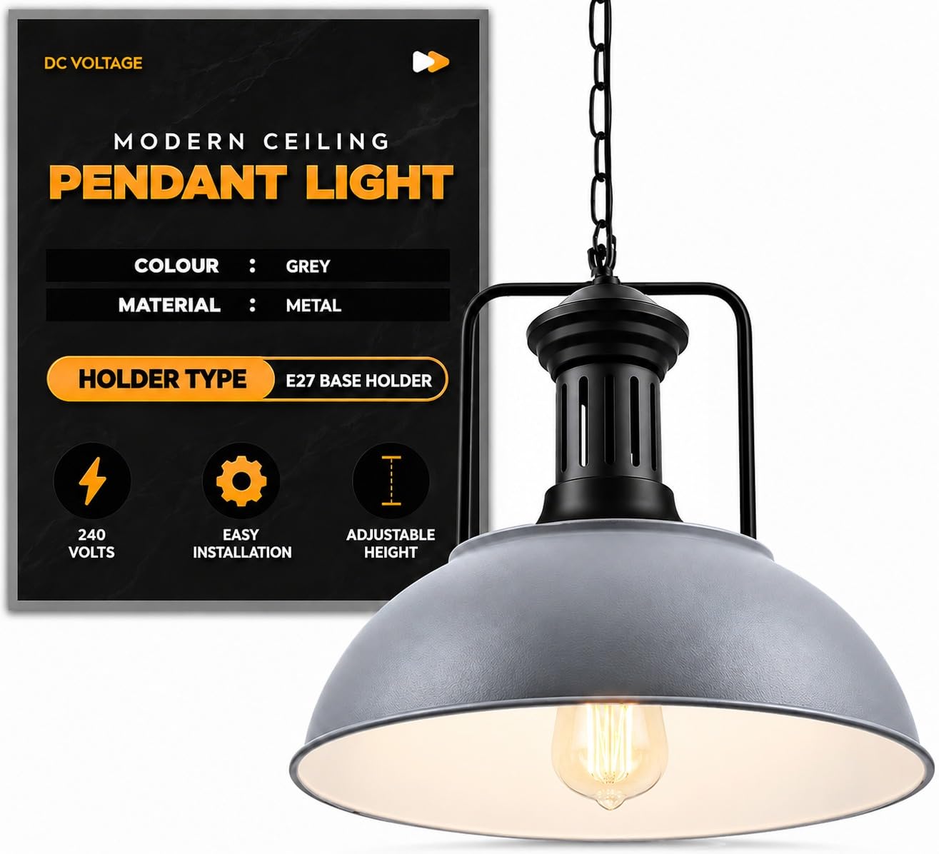 DC VOLTAGE Industrial Dome Pendant Light Grey Finish 41cm Ceiling Hanging Lamp with Adjustable Chain, Vintage Factory Style for UK Kitchen Island, Dining Room, Bar & Restaurant.