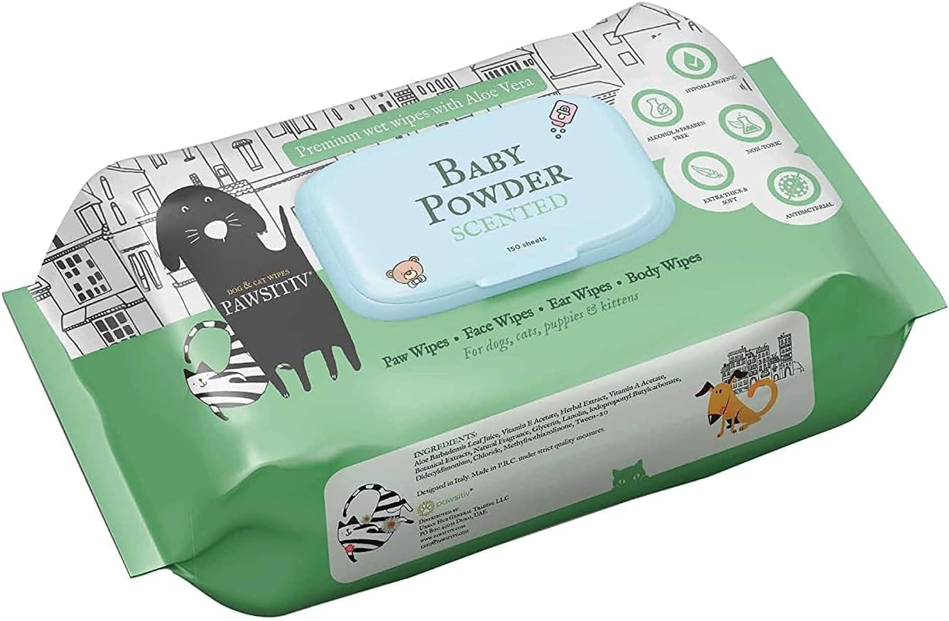Pet Wipes Scented for Dogs & Cats BABY POWDER/150 WIPES