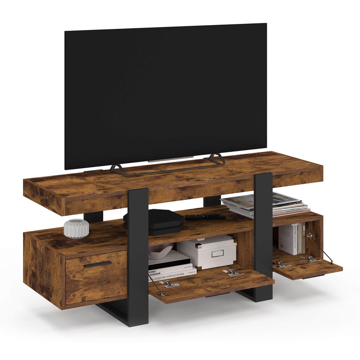 IDMarket - Meuble TV 116 cm Phoenix avec tiroirs Bois Effet Vieilli et Noir