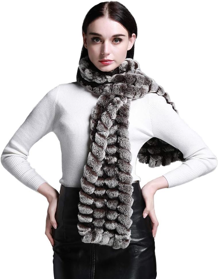 Fur Story Women's Rex Rabbit Fur Winter Scarf Knitted Chunky Fashion Ladies Scarves Silver Black Brown