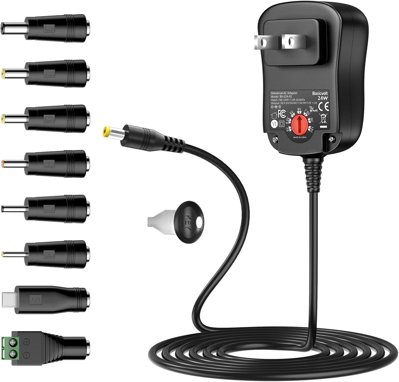 Universal AC/DC Adapter Multi-Voltage Switching Power Supply with 11 DC Tips for 3V 4.5V 5V 6V 7.5V 9V 12V Household Electronics - 2.0A 24Watt Max