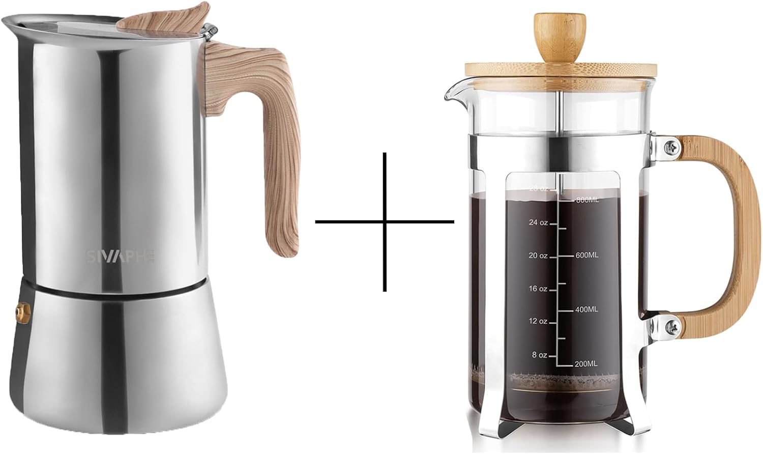 Sivaphe Moka Pot Stainless Steel 6 Cup and French Press Coffee/Tea Maker 34 oz with Bamboo Lid and Hand High Borosilicate Glass 1000ml Coffee Brewer Set