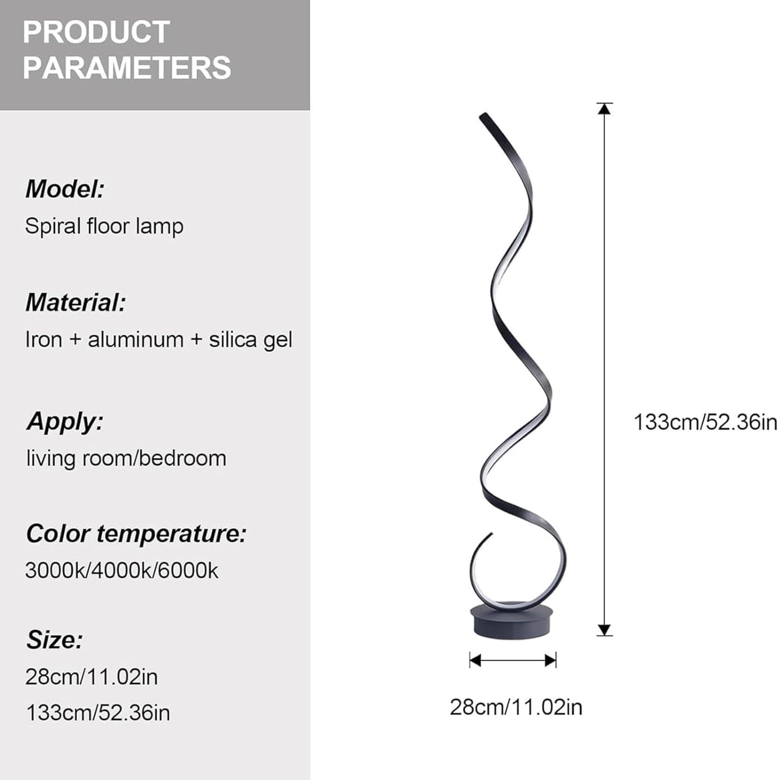 Curve Spotlight - Moderno A Bertikal Nga Espiral A Lampara Ti Suelo, 3 A Temperatura Ti Kolor Dimmable A Lawag Ti Suli, Salas Sofa Background Wall Atmosphere Decor(Black)