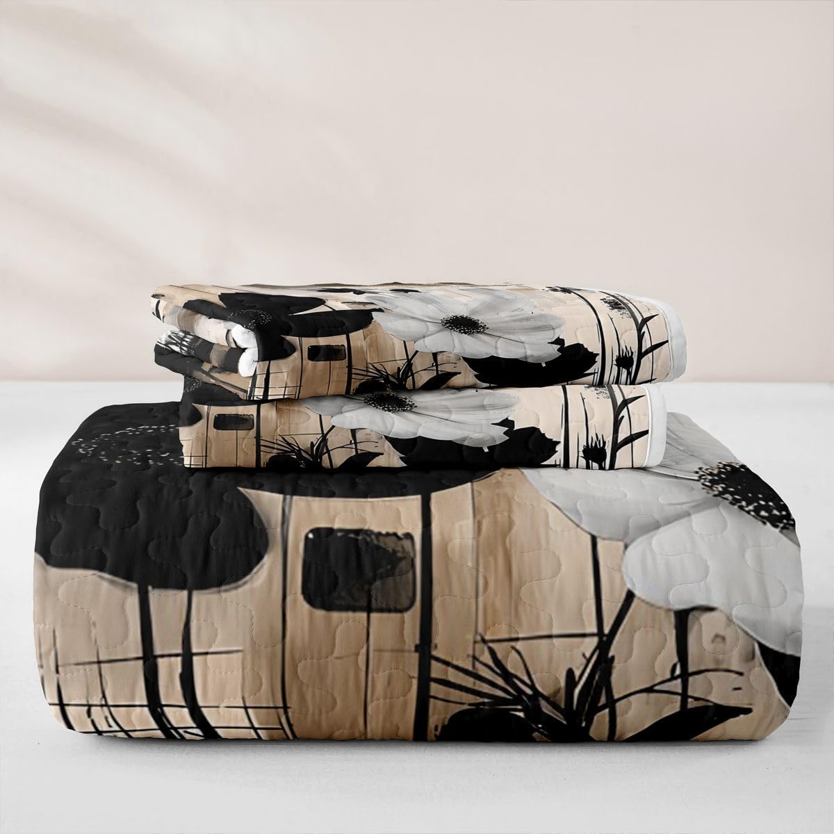 Abstract Modern Floral King Quilt Bedding Set Mid Century Art Quilt Bedding Black Tan Oil Painting Bedspread Coverlet Minimalist Style Quilted Comforter Soft Lightweight Quilted Blanket for Boys Girls