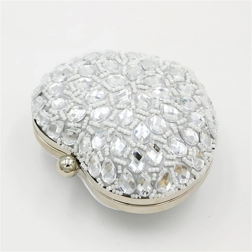 Artificial Sewing Peach Heart Diamond Dinner Bag Silver White Bead String Shoulder Bag
