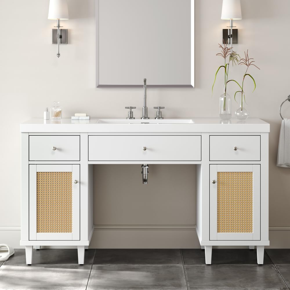 60" White Bathroom Vanity - SMC Sink with Soft Close Drawers, Solid Wood Legs and Silver Metal Knobs (White)