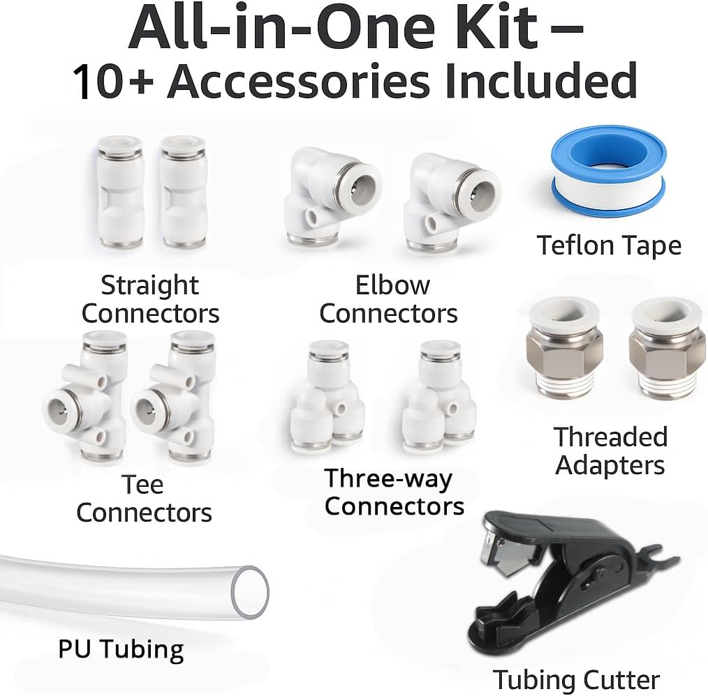 PU Air Line Kit 10mm OD x 6.5mm ID – 32.8ft Clear Flexible Hose with Push to Connect Fittings, Tube Cutter – Pneumatic Air Tubing Kit for Compressor, Air Tools, Laser Assist