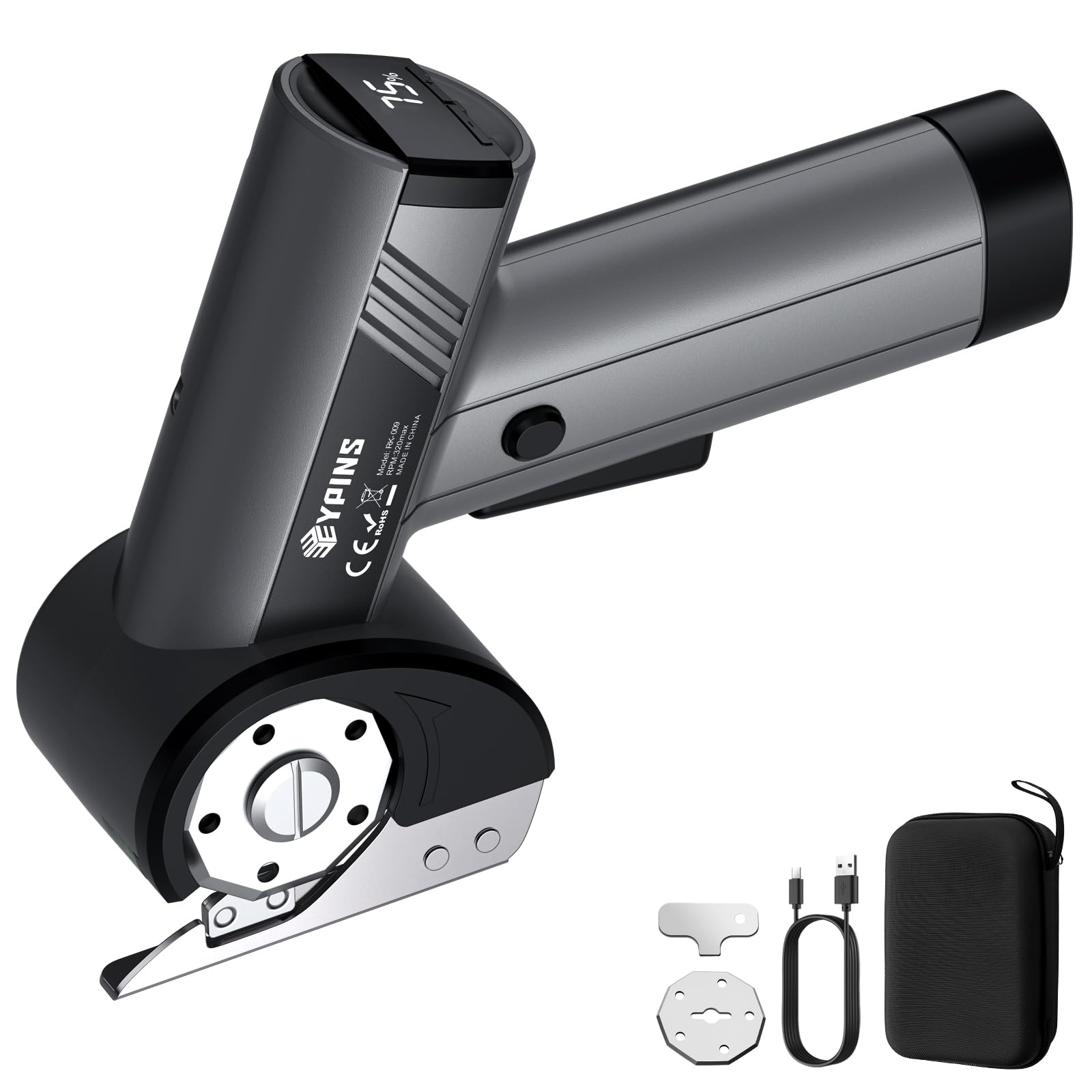EYPINS Tijeras Eléctricas Inalámbricas con 4 Velocidades (120-320 rpm), Cortador Electrica con Pantalla LCD+Luz LED, Hoja SK5, Carga USB-C, Bolsa de Almacenamiento,para Tela Cuero Alfombra Cartón