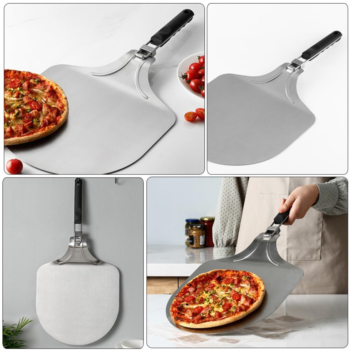 Pala con Pieghevole per Pizza 12 Pollici in Acciaio Inox certificazioni tecnologiche Leggera e Facile da Pulire, Pala a Forma Ellittica per Pizzeria e Cucina