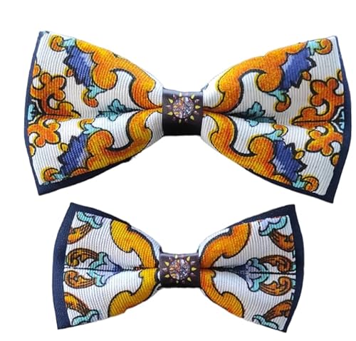 Set Padre Figlio Papillon Stoffa, Idea Regalo Fatto a mano Handmade Uomo Originale Sicilia Stile Siciliano (Bianco, Blu)