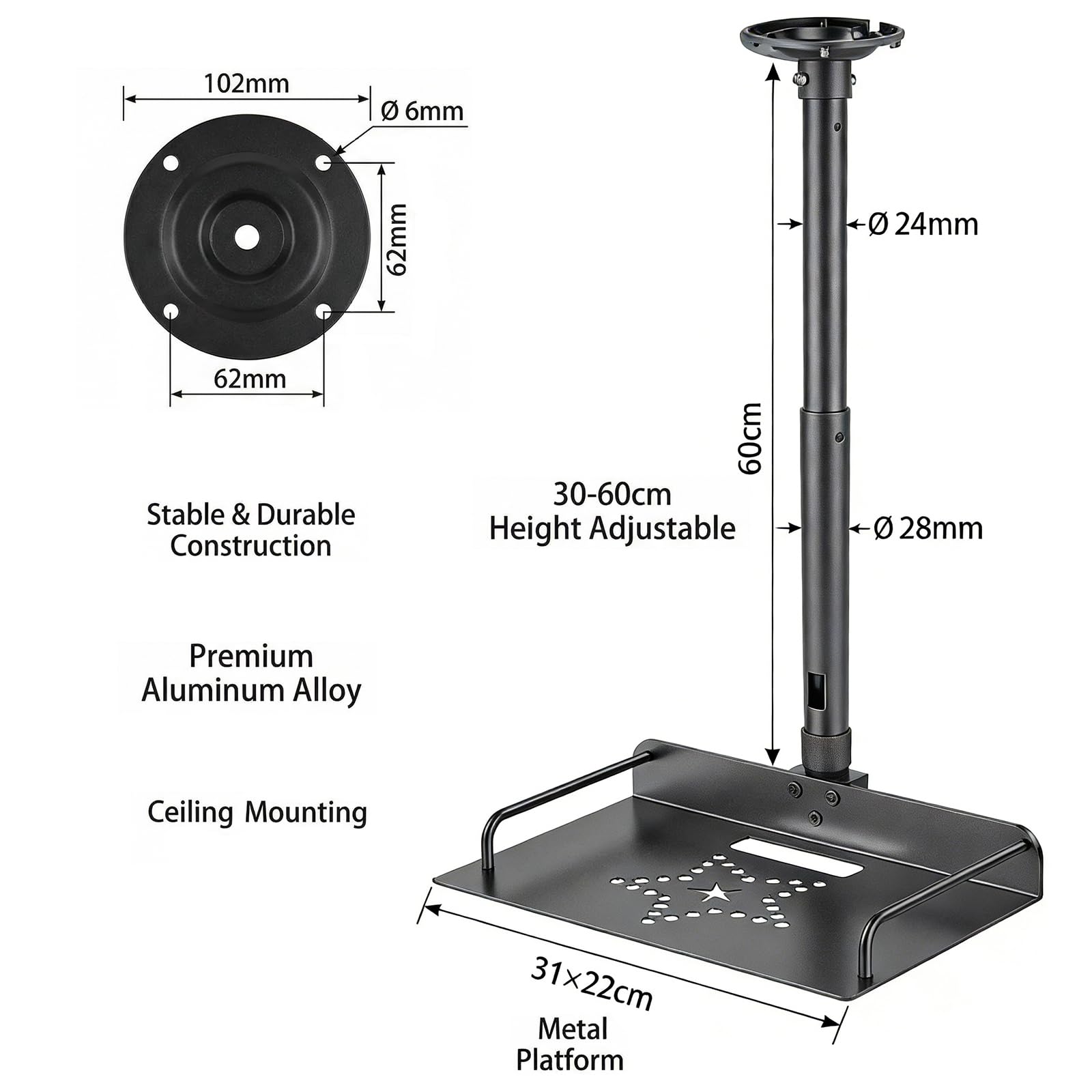 Supporto universale per proiettore, alta capacità di carico, supporto da soffitto per proiettore, 30-60 cm, altezza regolabile