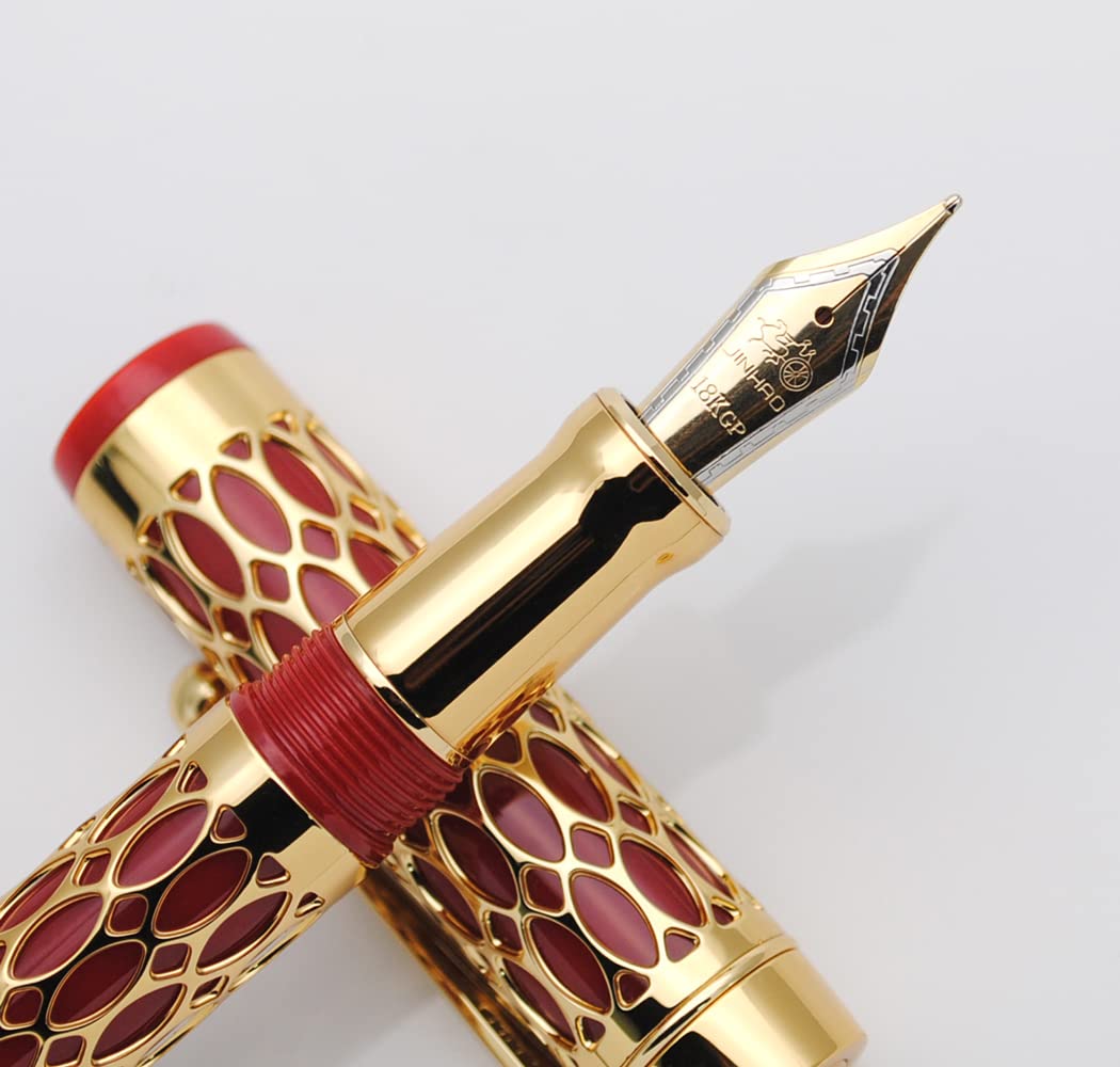 JINHAO 100 Fountain Pen Metal and Resin Grid Skeleton Writing Pen with Converter (Medium Nib, B-Red) - Image 3