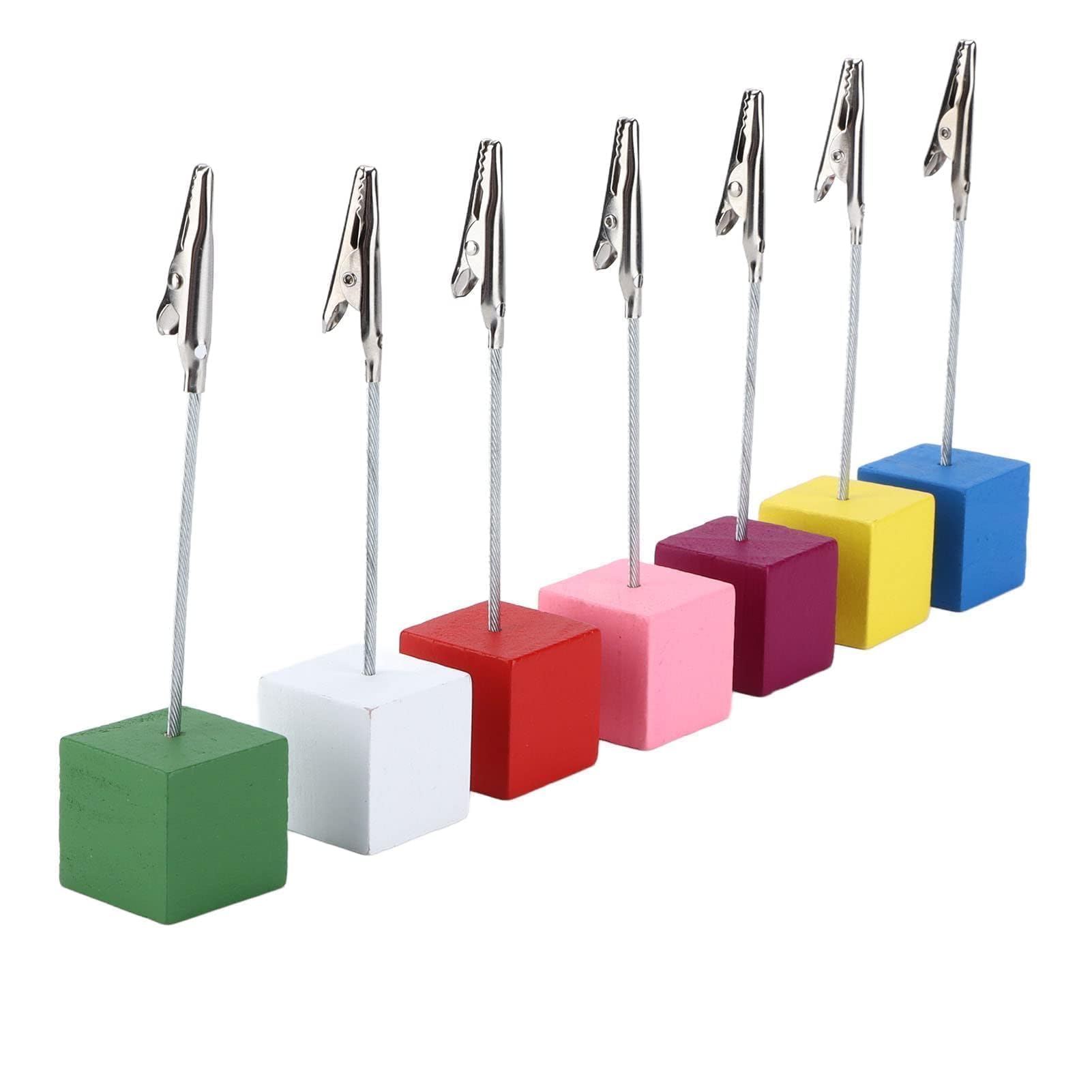 7pcs Card Stands, Simple Portable Table Number Holders with Colorful Wooden Base for Photos Cards Notes Memo