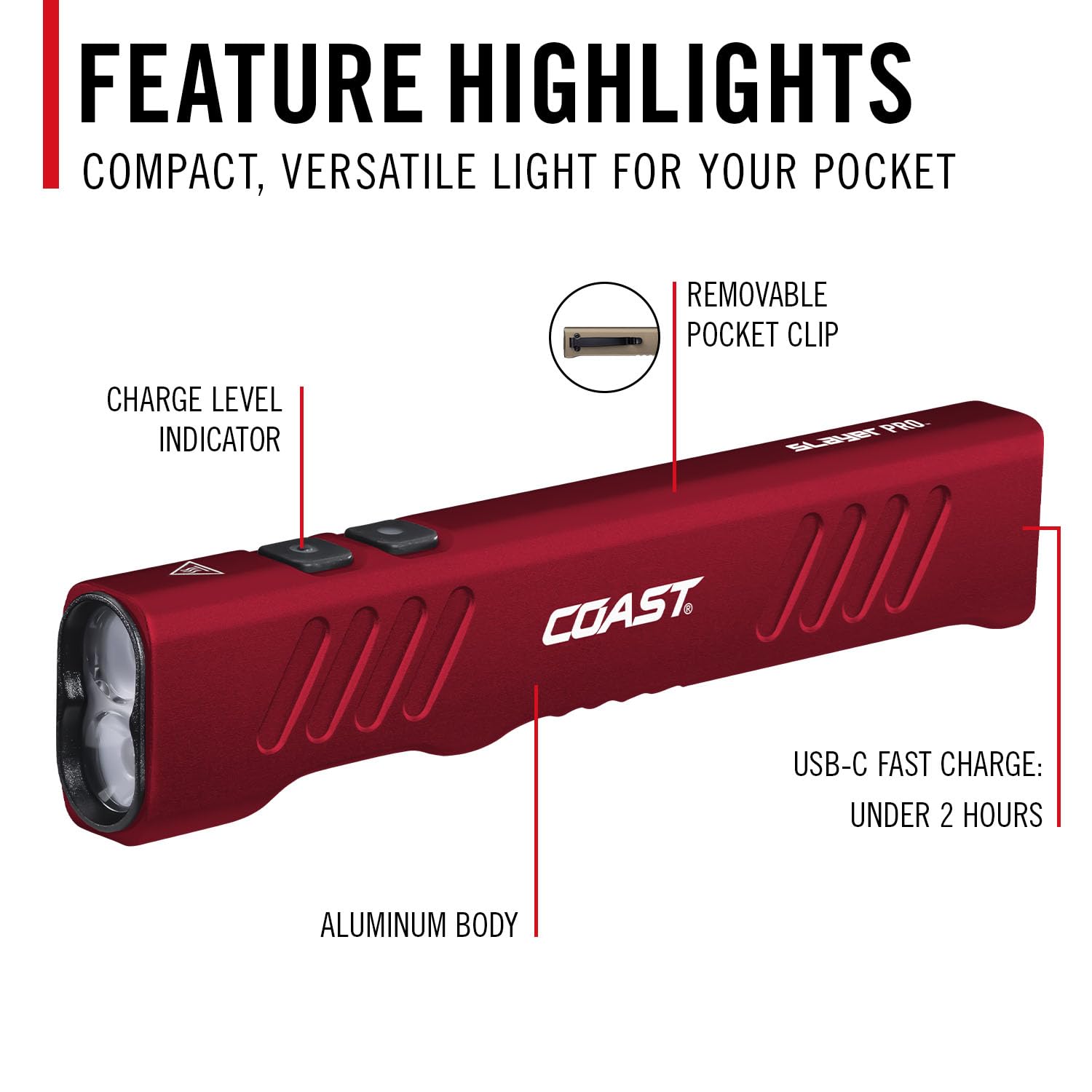Coast Slayer Lampe torche LED rechargeable USB-C 1150 lumens avec spot/inondation, mode mémoire et clip de poche, rouge