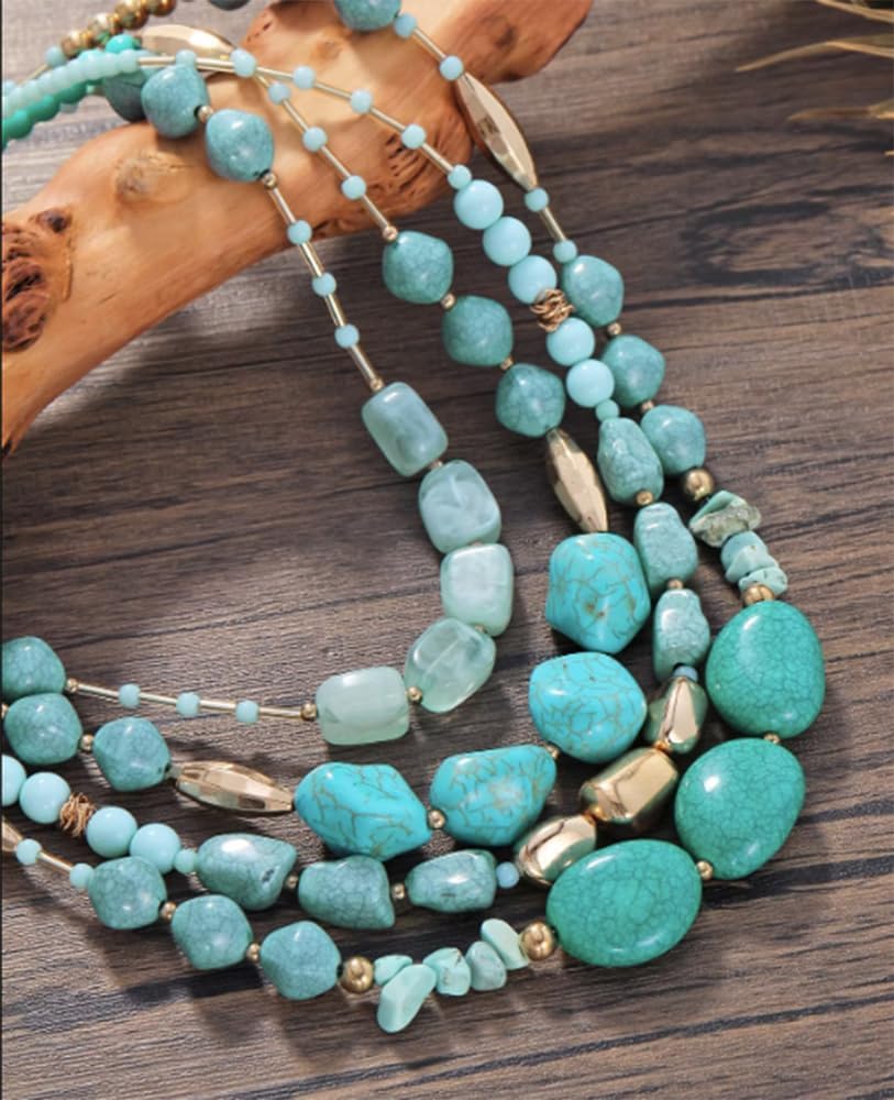Secret for Longevity Four Strand Gold Tone Resin Turquoise Aqua Teal Blue Western Style Chunky Statement Necklace