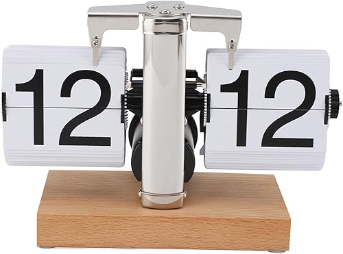 Vintage Retro Desk Flip Clock, White, 24 - Hour - Mechanical Battery Powered, Stainless Steel and Wood Base, Ideal for Home and Office