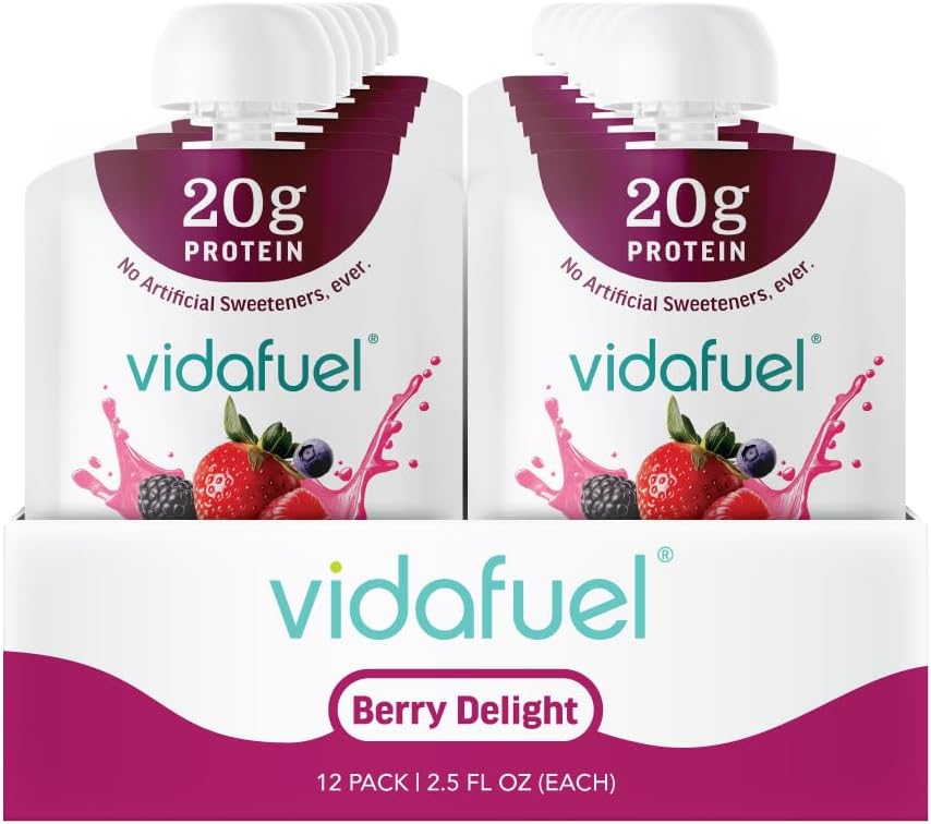 VIDAFUEL Wellness Protein Drink, Berry Delight, Single Serve Pouch, 20g Collagen and Whey Protein, 12 Pack