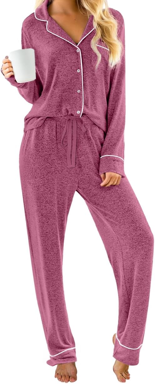 PrinStory Womens Pajama Sets Long Sleeve Pajamas Set Button Down Pjs Sets for Women 2 Piece Lounge Set