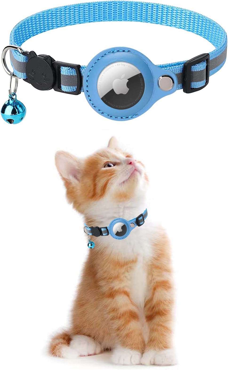 KOLACEN Reflective AirTag Cat Collar, Airtag with Airtag Case and Bell, Adjustable Airtag Cat Collar with Breakable Safety Buckle for Puppies Cats Kittens (Blue)