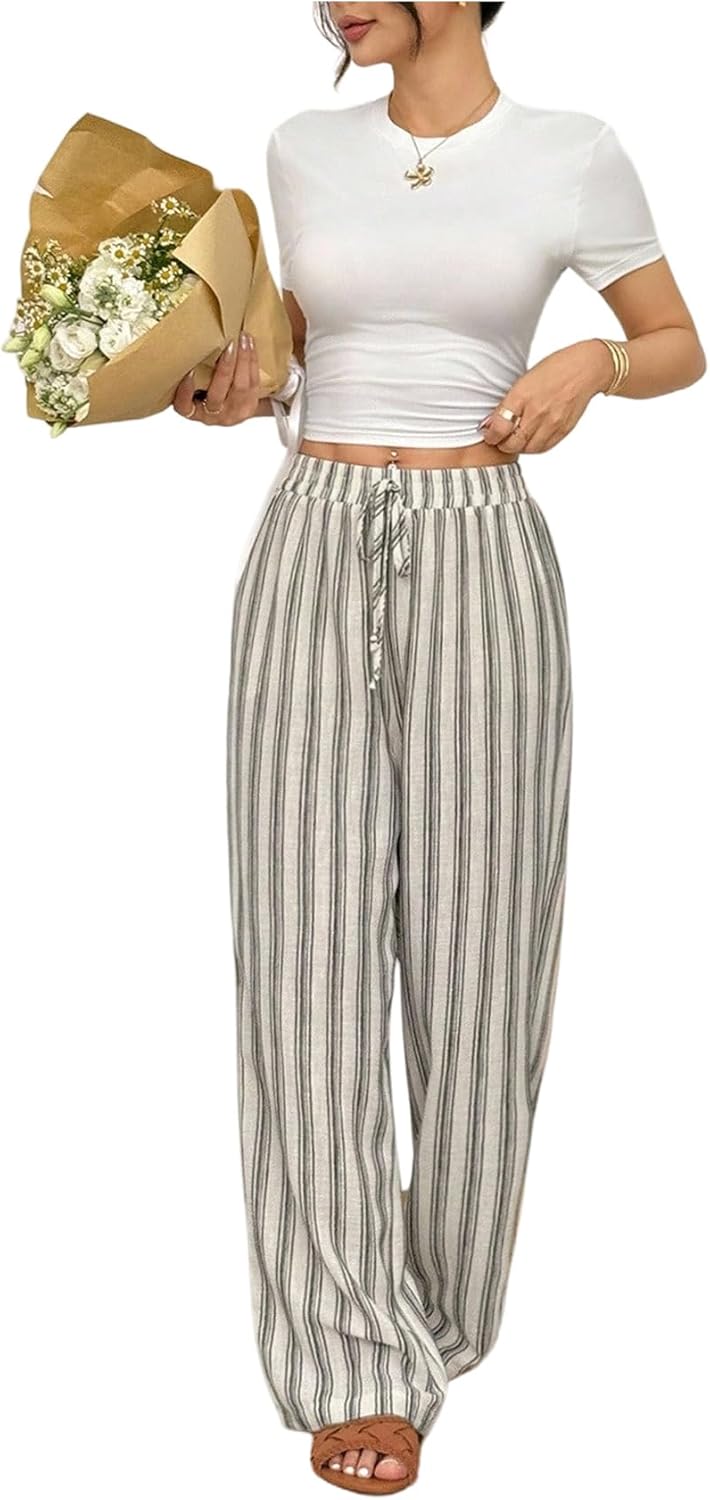 SweatyRocks Women's Striped Drawstring Pants Loose Wide Leg Trousers Casual Comfy Pants with Pocket - Image 7