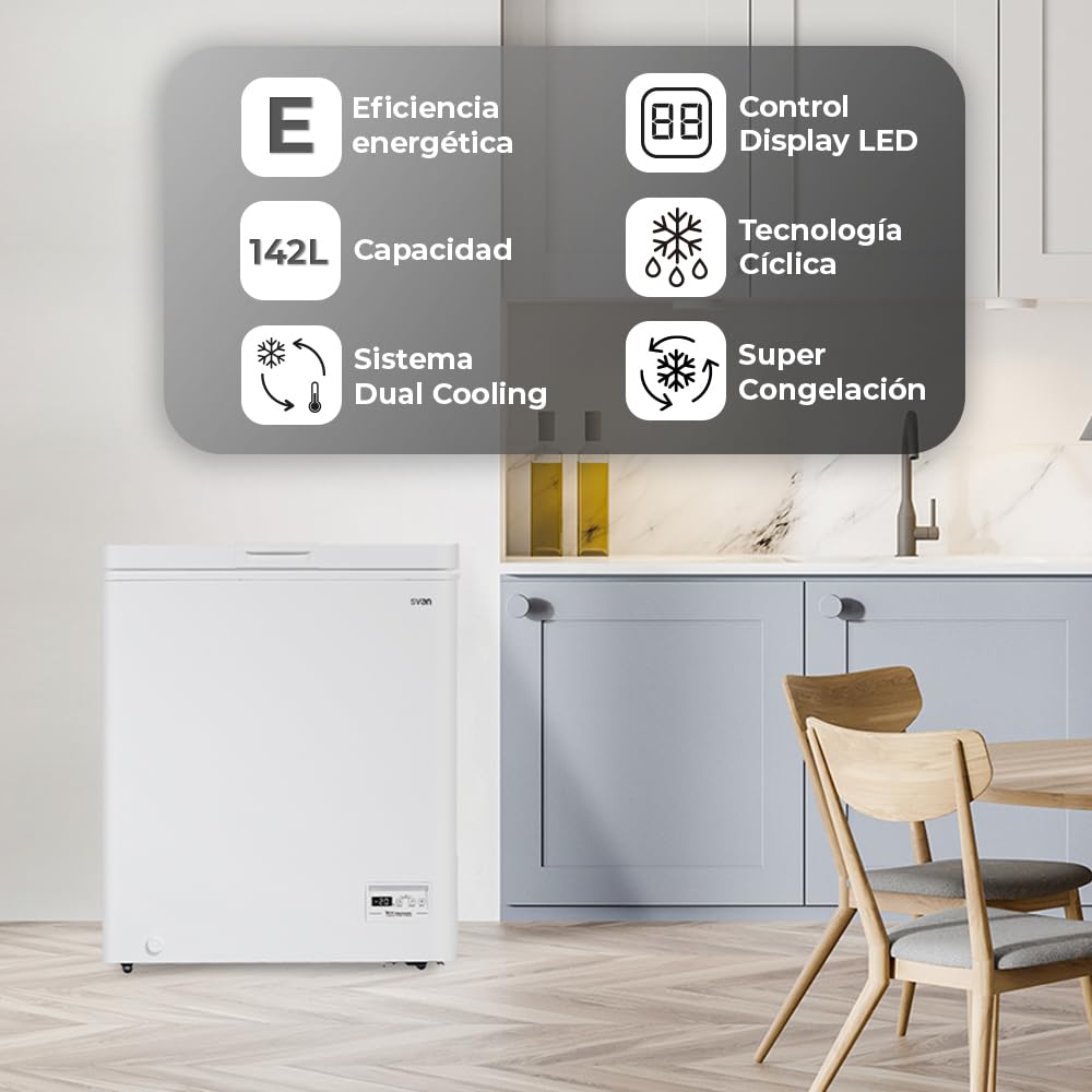 Svan Congelador horizontal Blanco SCH1501EDC. Capacidad 142 Litros, Dual Cooling, 1 Cesta, Bajo nivel Sonoro, Eficiencia Energética Clase E [Clase de eficiencia energética E]