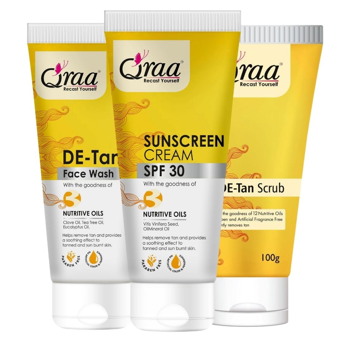 Qraa De Tan Combo Pack | Helps In Tan Removal & Dirt | Improves Pigmentation & Uneven Skin Tone | De Tan Scrub 100gm,De Tan Face Wash 100gm & Sunscreen Cream SPF 30 100gm | Pack of 3 (300, 3)-image-31