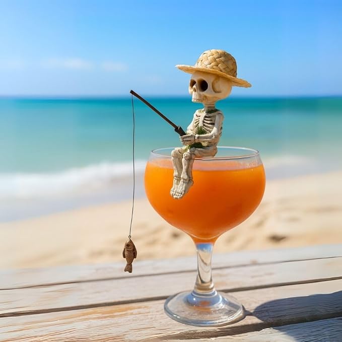 Mini Skeleton Fishing Figurine – 4.5” Gothic Summerween Decor for Outdoor Pond, Halloween Poolside Table, or Spooky Cocktail Cup | Cute Skull Statue for Goth Garden & Halloween Party Display