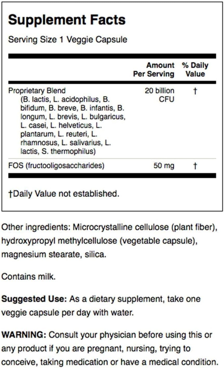 Swanson Probiotic for Digestive Health GI Tract Immune Support Travelers Support 20 Billion CFU with Prebiotic FOS 60 Veggie Capsules (Caps)