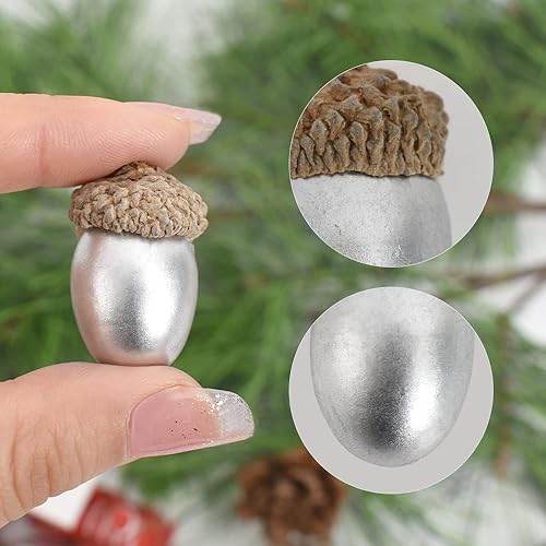 Miniatura 3 de HUIANER Bellotas artificiales plateadas, 50 unidades, bellotas plateadas falsas, bellotas de simulación, frutas, manualidades para decoración de
