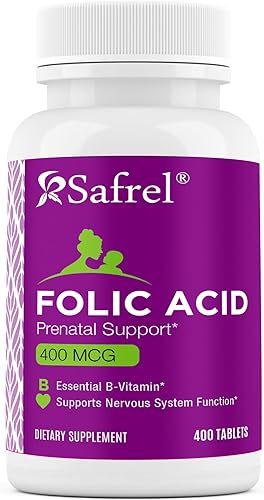 Safrel Ácido fólico 400 mcg - Tabletas de vitamina B9-400, vitamina prenatal y posnatal esencial para el desarrollo fetal, producción de glóbulos