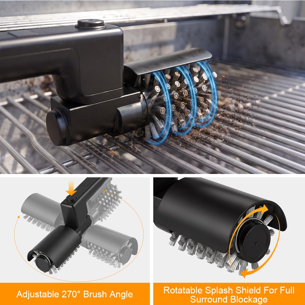 AOOWU Spazzola Elettrica per Barbecue, 3 Velocità, 2 Ore Autonomia, 270° | Spazzola per Griglie da Esterno, Pulitore BBQ Senza Fili, Impermeabile, Teste di Spazzola in Acciaio Inox e Nylon a 270°