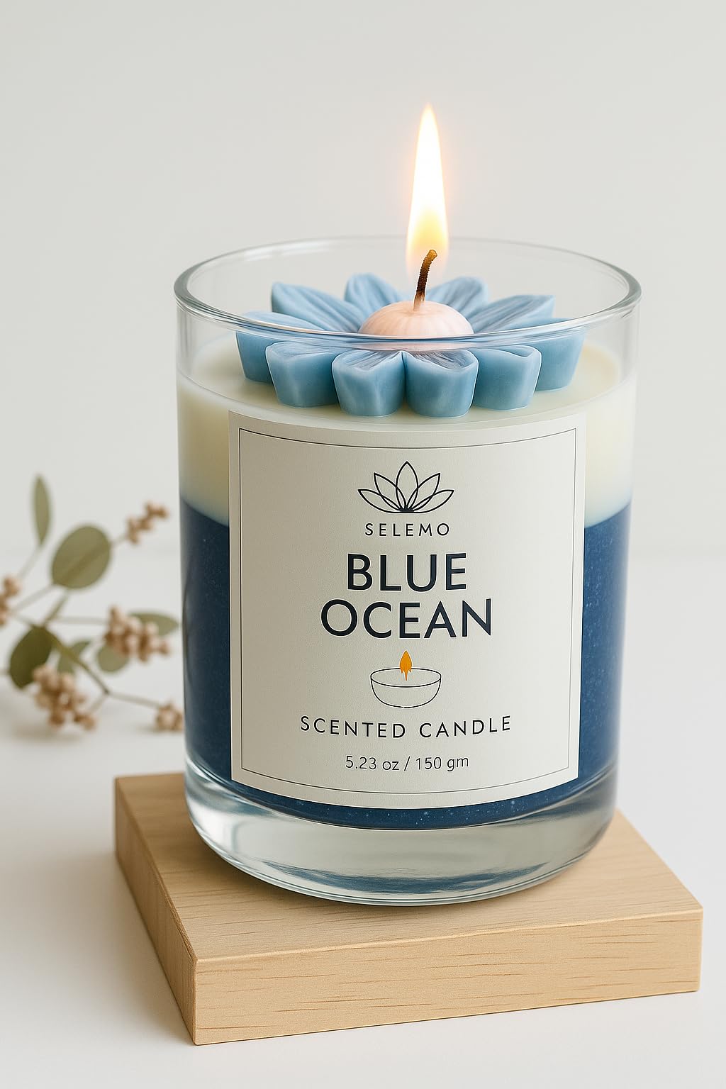 Selemo Blue Ocean Scented Candle | Handcrafted Luxury Soy Wax Candle with Floral Top | 5.29 oz / 150 gm | Long Burn | Ideal for Gifting, Home Decor, Relaxation & Aromatherapy-image-4