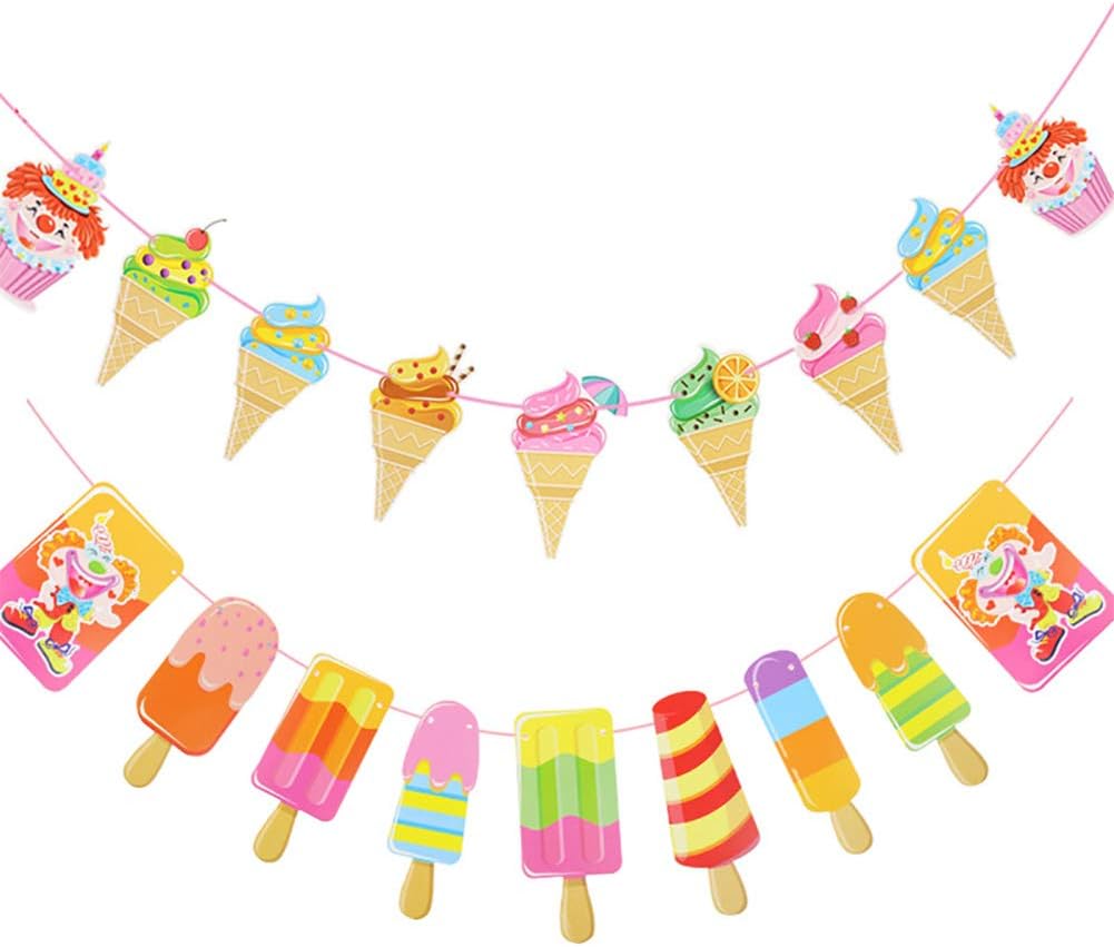 2 Pcs Ice Cream Banner Popsicle Banner, Popsicle Garland Pastel for School Summer Kids Party Baby Shower Nursery Summer Luau Party Ice Cream Party Birthday Party Favor Decoration Supplies, Set of 18