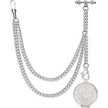 Viking Watch Chain for Men, Single Albert Pocket Watch Chain T-Bar with Carving Design of Locket Pendant Double-Layer with Two Hooks, Formal Accessory
